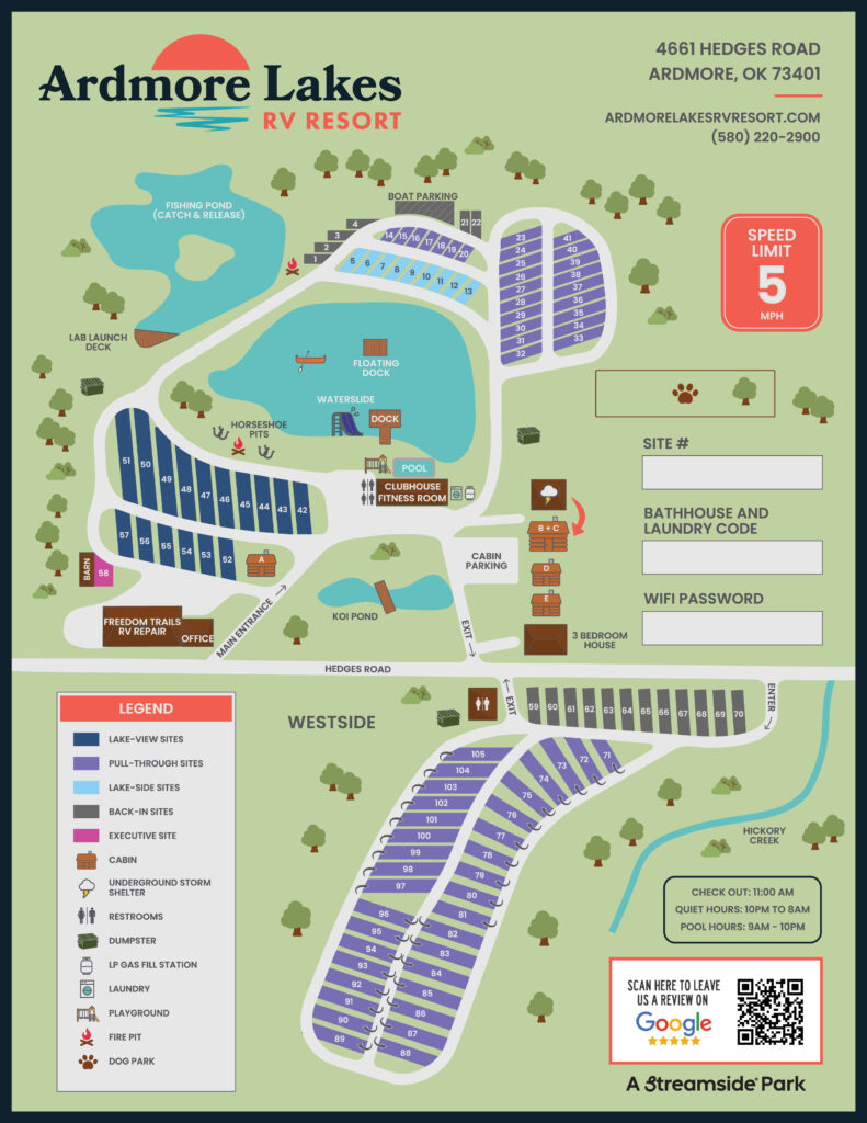 Ardmore Lakes RV Resort Site Map - Jan 2026