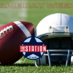 American football and helmet on field with FSU Game Day Weekends text