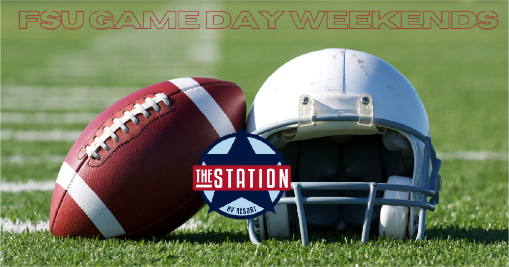 American football and helmet on field with FSU Game Day Weekends text