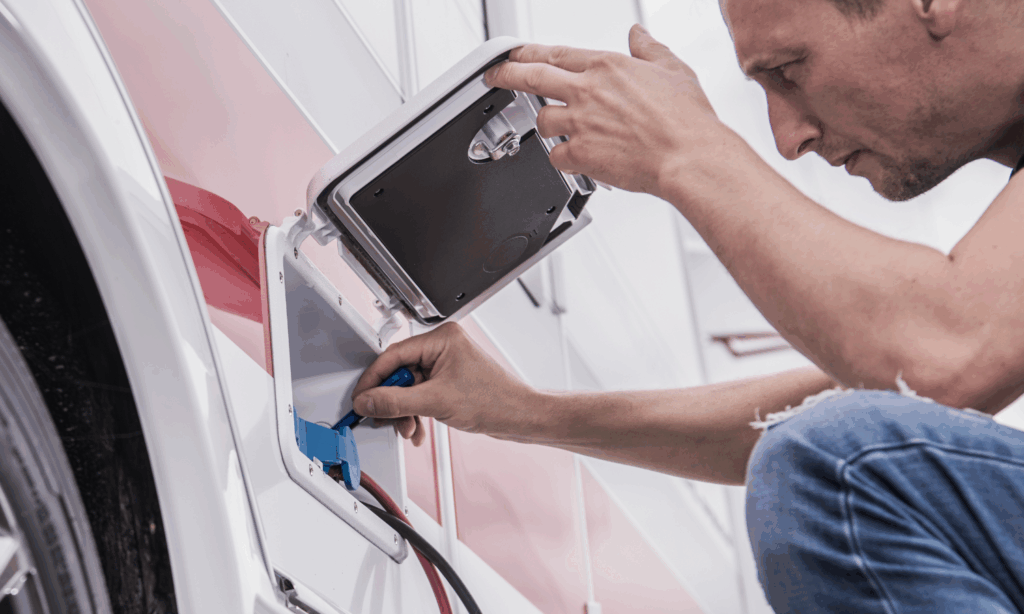 Man working to winterize RV for cold weather camping