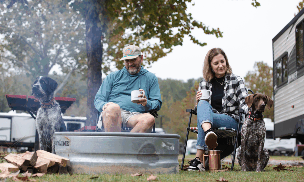 Full time RVers enjoying the holidays around the fire at Rivertown Rose Campground