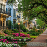 Historic Garden District street in Vicksburg, Mississippi, with tree-lined sidewalks and blooming spring flowers.