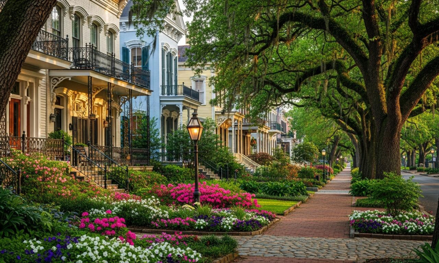 Historic Garden District street in Vicksburg, Mississippi, with tree-lined sidewalks and blooming spring flowers.