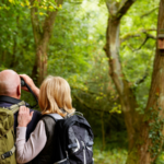 RV travelers birdwatching in a wooded area in Central Georgia during a spring stay at Twin Oaks RV Park.
