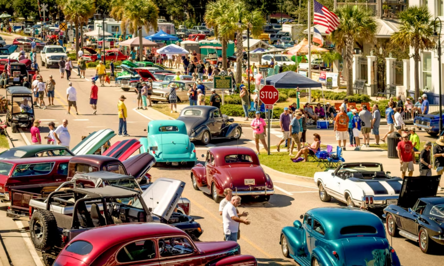 Classic cars lined along streets in Gulfport during Cruisin’ the Coast on the Mississippi Gulf Coast.