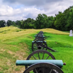 Historic Civil War cannons along the scenic driving tour at Vicksburg National Military Park in Vicksburg, Mississippi.