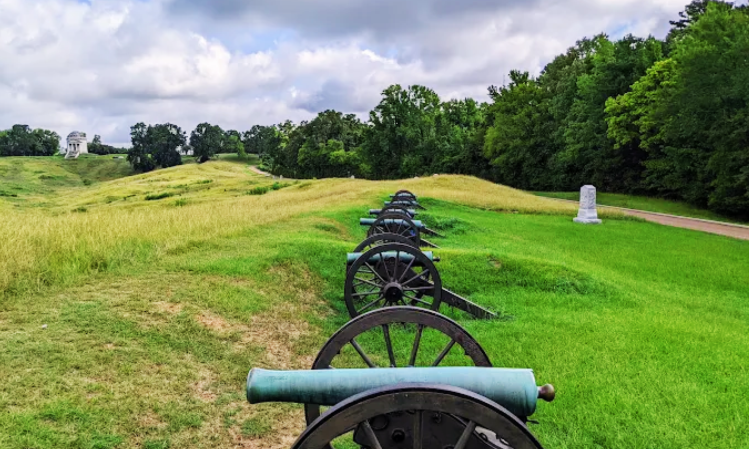 Historic Civil War cannons along the scenic driving tour at Vicksburg National Military Park in Vicksburg, Mississippi.