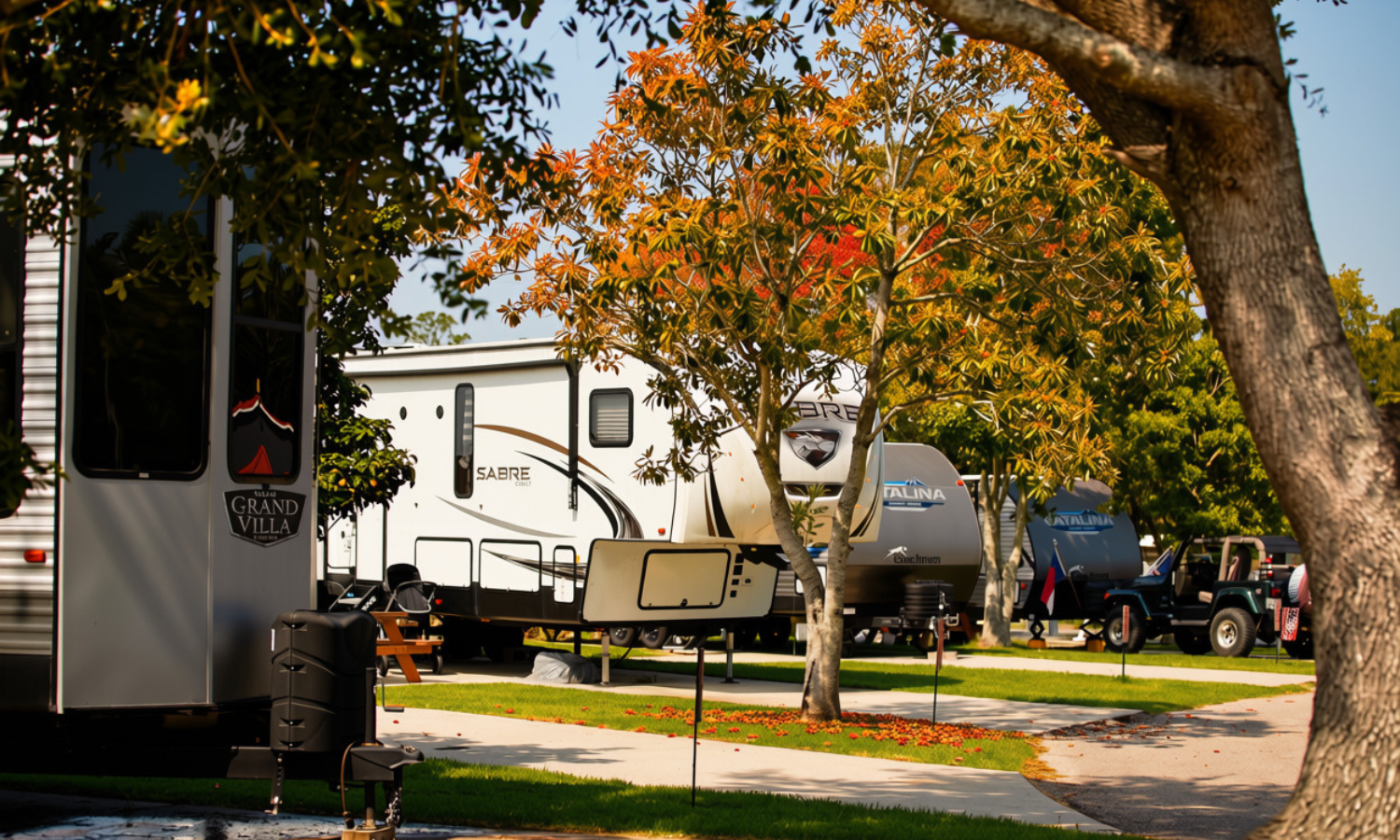 Spacious RV sites surrounded by colorful fall foliage at Bayberry RV Park on the Mississippi Gulf Coast.