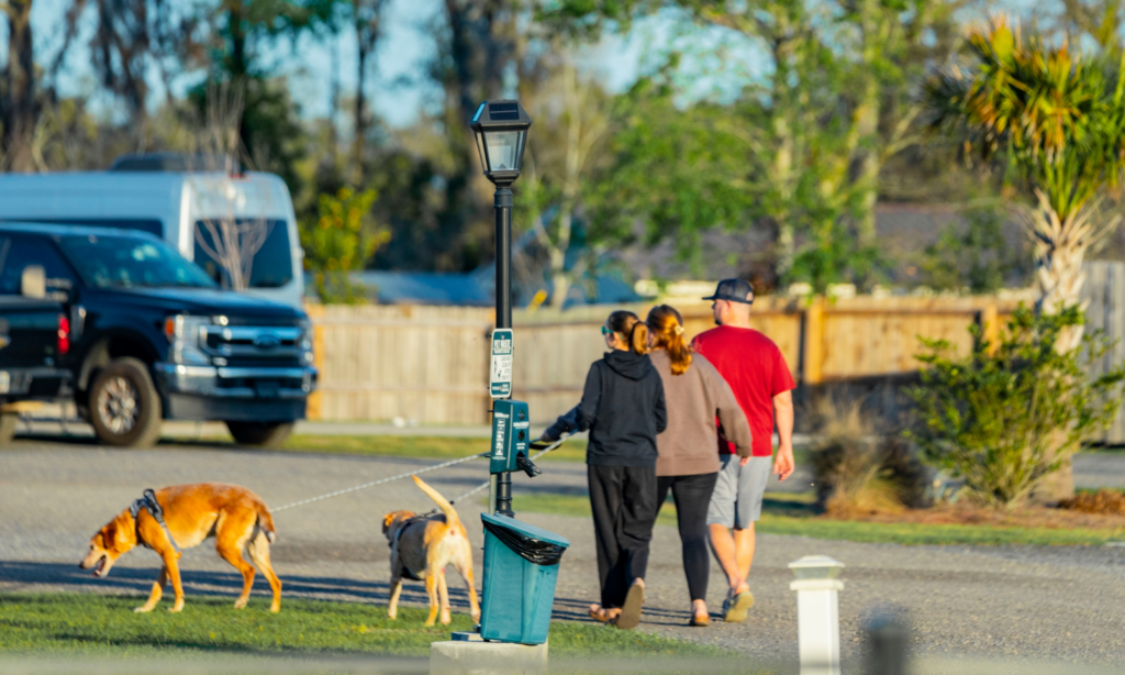 Family walking their dogs through The Station RV Resort in Madison, FL during a peaceful evening, showcasing the resort's pet-friendly atmosphere and spacious RV sites.
