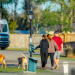 Family walking their dogs through The Station RV Resort in Madison, FL during a peaceful evening, showcasing the resort's pet-friendly atmosphere and spacious RV sites.