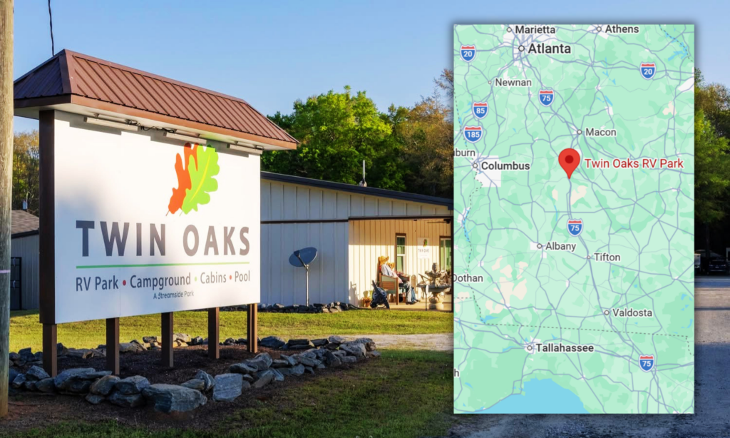 Twin Oaks RV Park entrance sign with map showing its convenient location along I-75 in Middle Georgia, an ideal stop for snowbird travelers.