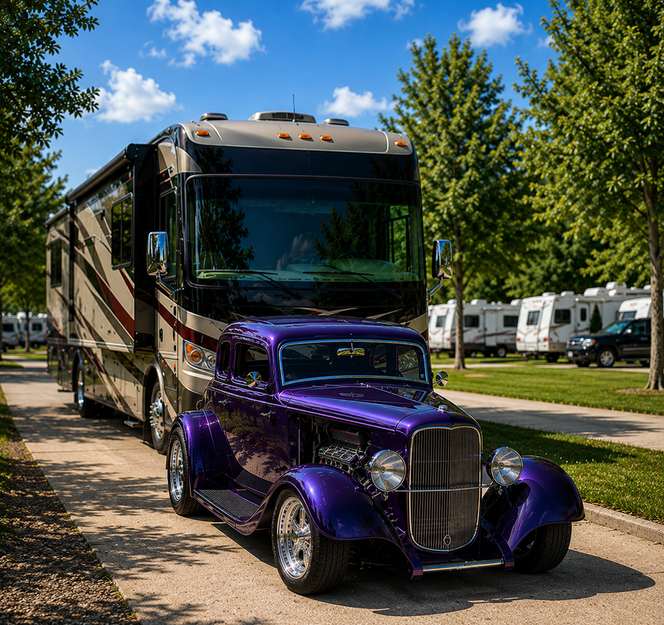 A purple classic hot rod parked in front of a luxury motorhome at Bayberry RV Park, showcasing spacious pull-through RV sites ideal for guests attending Cruisin' the Coast with classic cars and larger RVs.