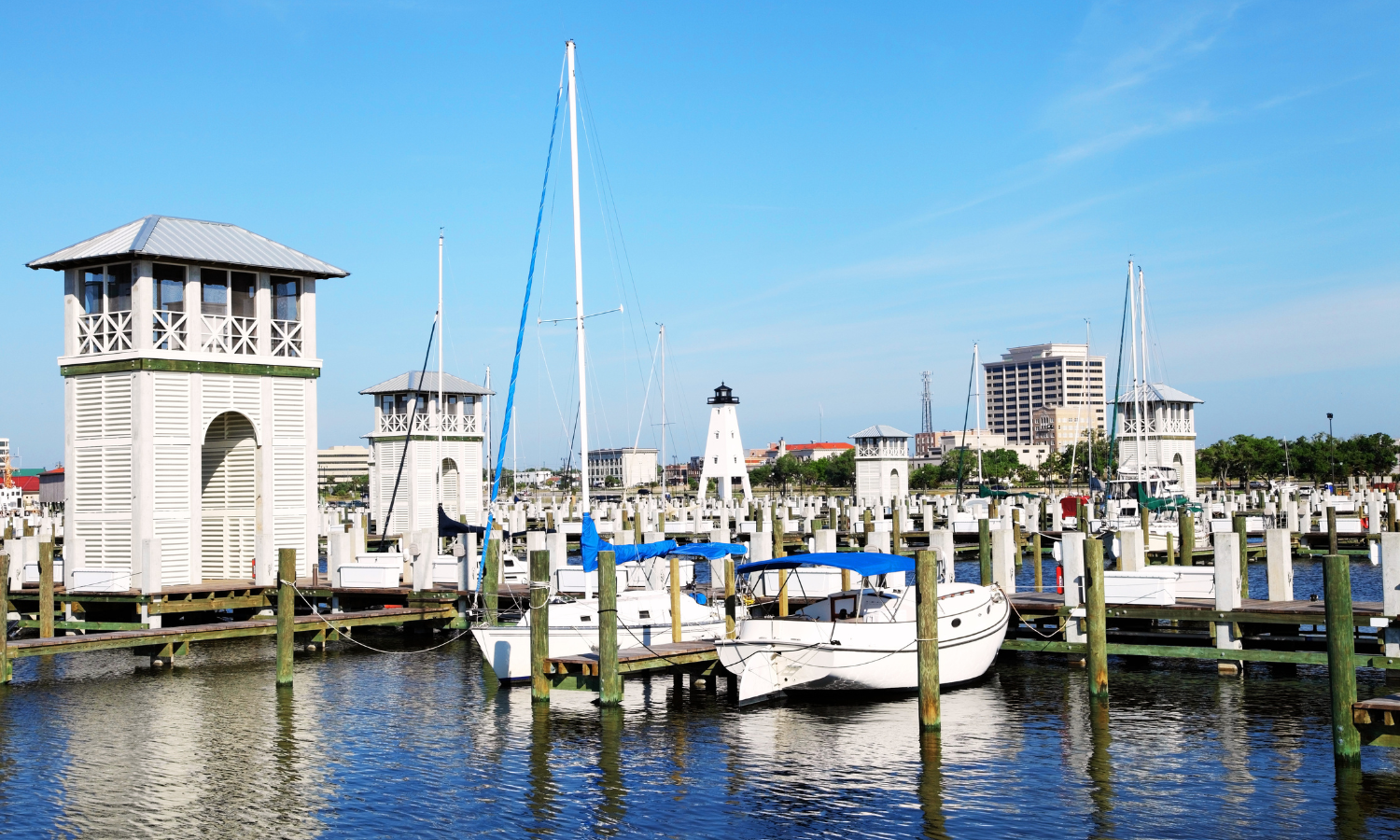 Boats docked at a marina along the Mississippi Gulf Coast in Gulfport during summer
