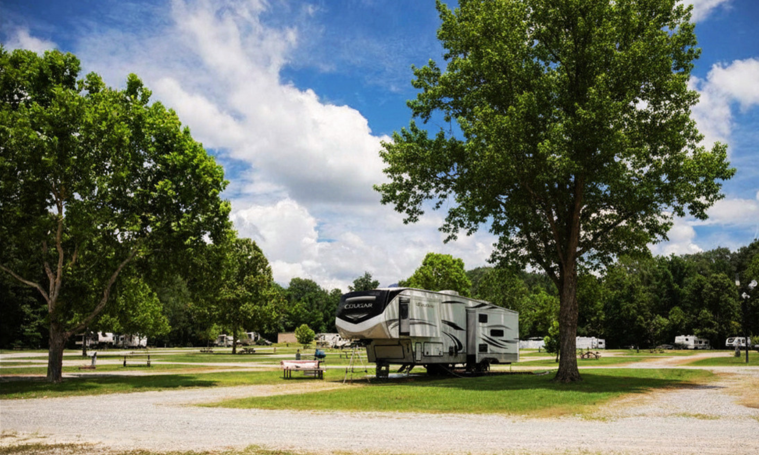 RV traveler enjoying a shaded campsite beneath mature trees at Rivertown Rose Campground in Vicksburg, Mississippi.