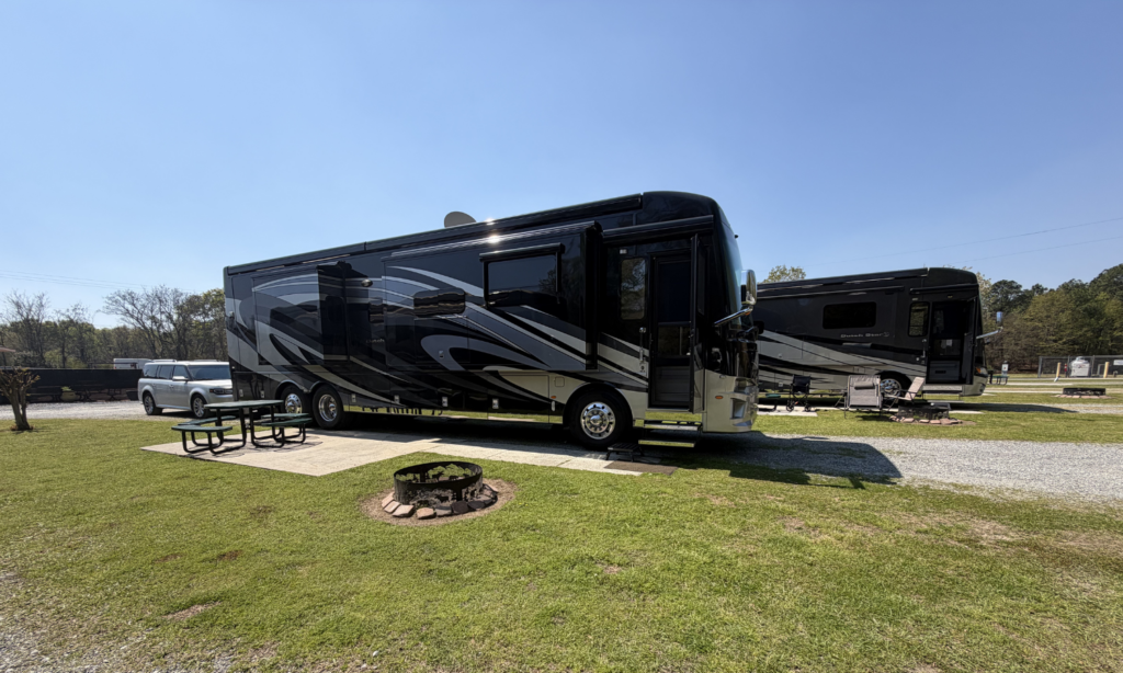Spacious pull-through RV site at Twin Oaks RV Park for an easy stopover along I-75 in Middle Georgia.