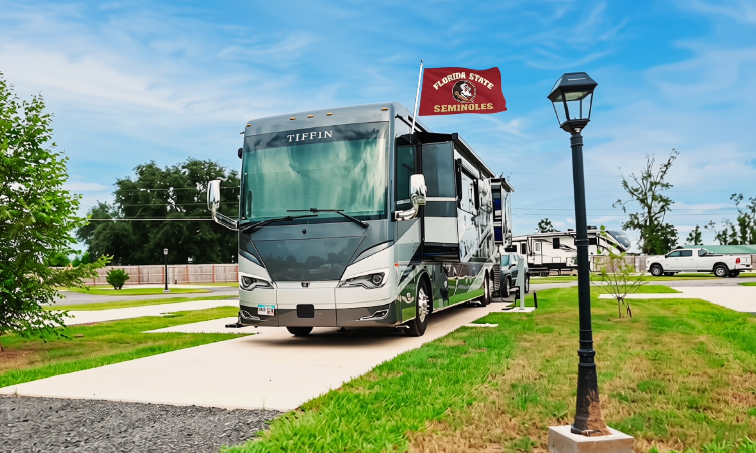 RV in a pull-through spacious site at The Station RV Resort in Madison, Florida, with a Florida State Seminoles flag flying above the RV.