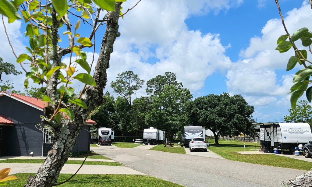 Spacious RV sites at Bayberry RV Park in Gulfport, Mississippi.