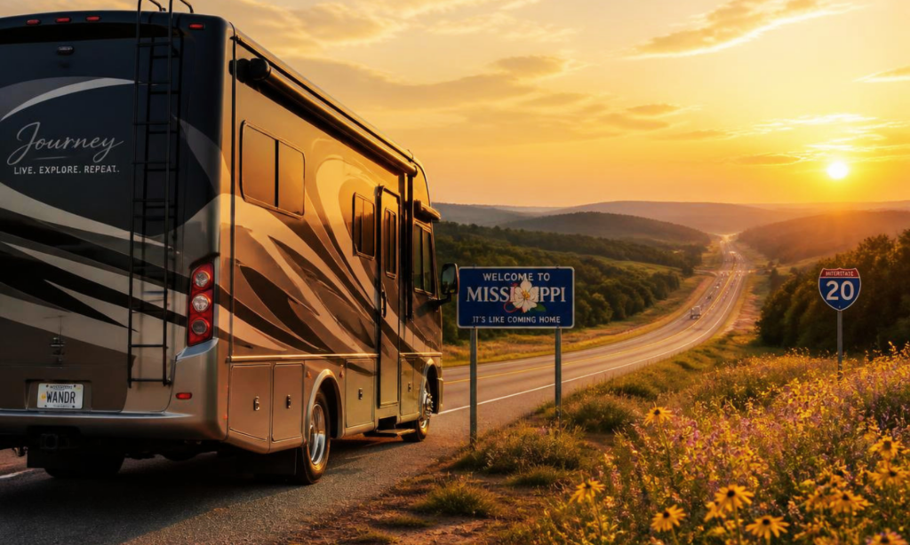 Class A motorhome traveling along I-20 in Mississippi at sunset, passing a Welcome to Mississippi sign.
