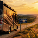 Class A motorhome traveling along I-20 in Mississippi at sunset, passing a Welcome to Mississippi sign.