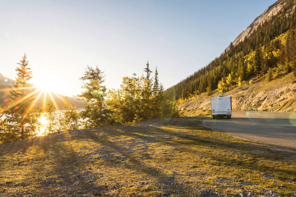 RV heading toward the sun for a warmer stay at a Streamside resort along their snowbird route south.