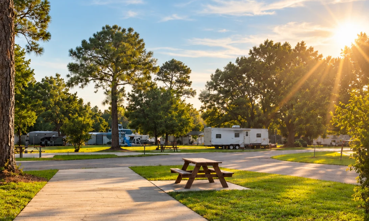 RV campsites at Bayberry RV Park in Gulfport, Mississippi, surrounded by trees and warm afternoon sunlight.
