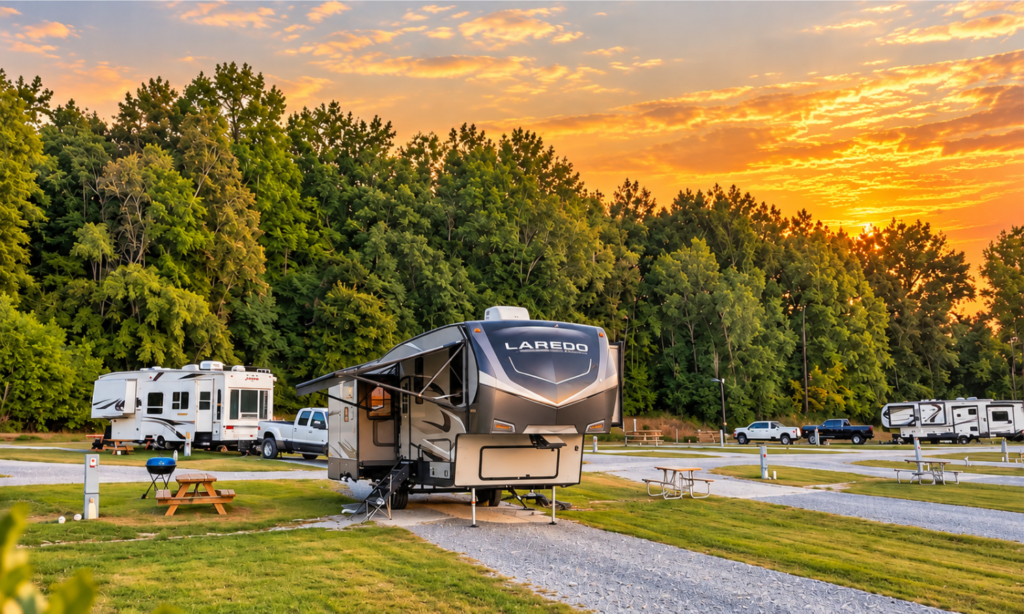 Fifth-wheel RV parked at Rivertown Rose Campground in Vicksburg, Mississippi, beneath a golden sunset, surrounded by spacious campsites and trees.
