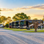 RVs parked at Twin Oaks RV Park in Elko, Georgia, a stop along the snowbird travel route, and one of the Follow the Sun Passport Streamside Resorts.