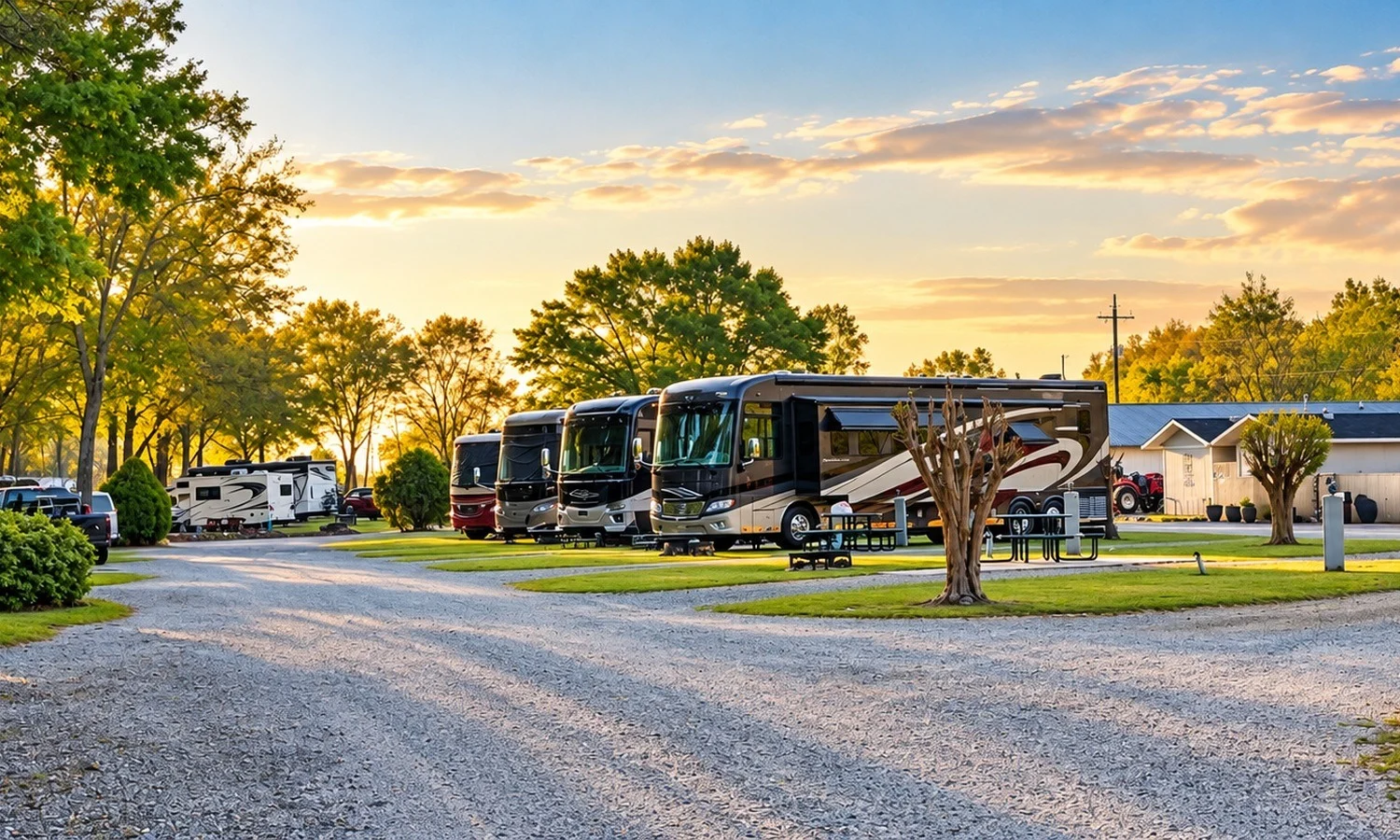 RVs parked at Twin Oaks RV Park in Elko, Georgia, a stop along the snowbird travel route, and one of the Follow the Sun Passport Streamside Resorts.